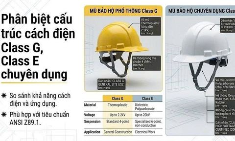 Không phải mũ bảo hộ nào cũng chống được điện: Phân biệt cấu trúc cách điện Class G, Class E chuyên dụng