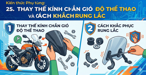 Kiến thức Phụ tùng: 25. THAY THẾ KÍNH CHẮN GIÓ ĐỘ THỂ THAO VÀ CÁCH KHẮC PHỤC RUNG LẮC