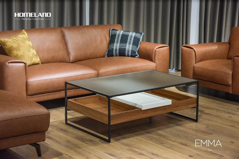 Bàn trà mặt kính Emma - khay gỗ có nắp trượt