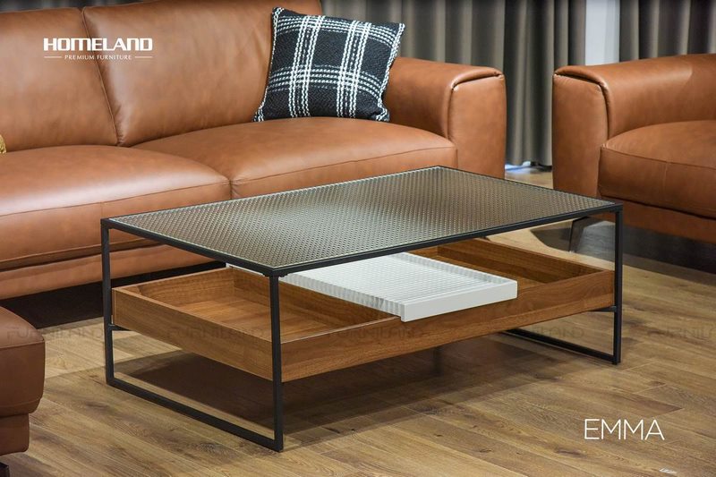 Bàn trà mặt kính Emma - khay gỗ có nắp trượt
