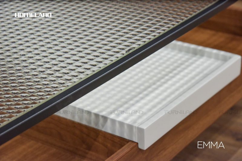 Bàn trà mặt kính Emma - khay gỗ có nắp trượt