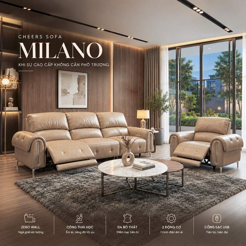 Sofa Milano Cheers – Sofa Da Bò Thật Chỉnh Điện Zero Wall