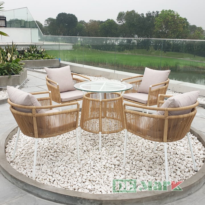 Bàn ghế giả mây ngoài trời MT2020 đan sợi nhựa tròn giả mây