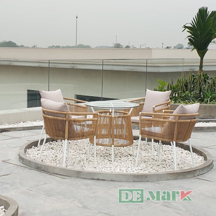 Bàn ghế giả mây ngoài trời MT2020 đan sợi nhựa tròn giả mây