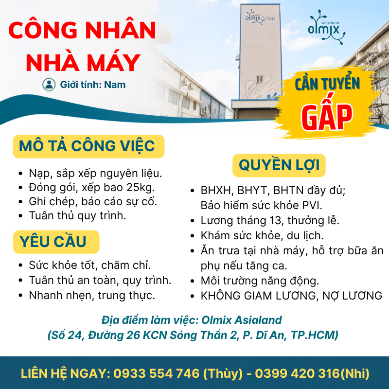 OLMIX ASIALAND VIỆT NAM TUYỂN DỤNG CÔNG NHÂN NHÀ MÁY (NAM)
