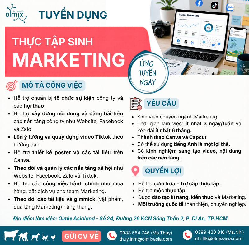 OLMIX ASIALAND TUYỂN THỰC TẬP SINH MARKETING – NHÂN SỰ – KẾ TOÁN