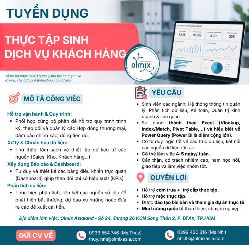 TUYỂN DỤNG: THỰC TẬP SINH DỊCH VỤ KHÁCH HÀNG