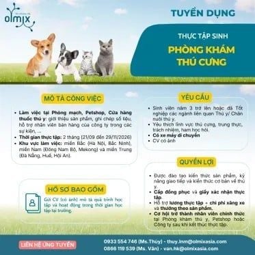 OLMIX ASIALAND TUYỂN DỤNG THỰC TẬP SINH PHÒNG KHÁM THÚ CƯNG