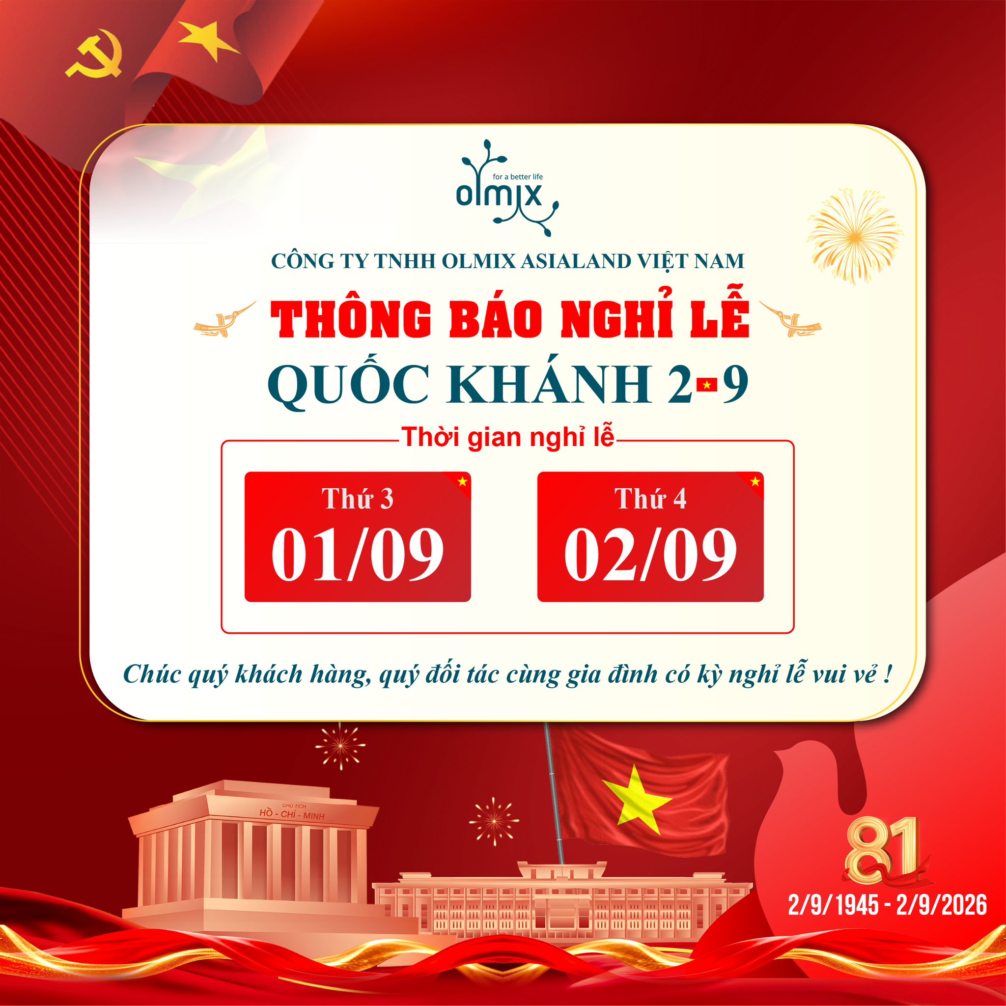 THÔNG BÁO NGHỈ LỄ QUỐC KHÁNH 02/09/2026