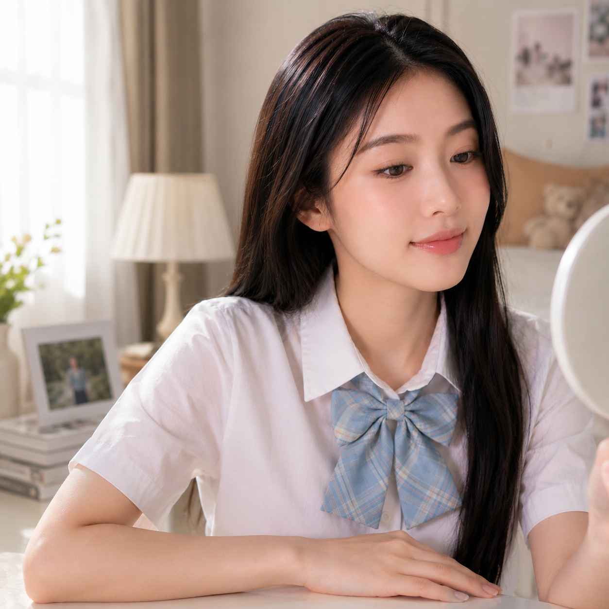 Thao tác chuốt mascara nhanh khô gọn lẹ trước gương vào buổi sáng, tiết kiệm tối đa thời gian chuẩn bị đi làm.