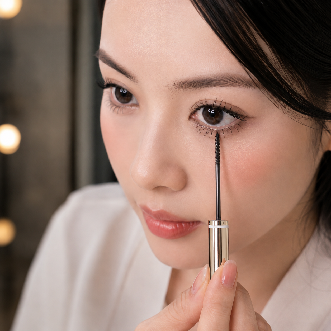 Thao tác chuốt mi dưới bằng đầu cọ thép nhỏ gọn, dễ dàng chạm đến những sợi mi ngắn và khuất nhất mà không lem ra vùng da dưới mắt.