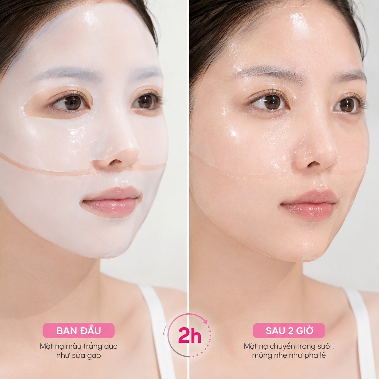 So sánh trực quan cơ chế chuyển pha của mặt nạ Hydrogel M.O.I: từ màu trắng đục như sữa gạo ban đầu chuyển dần sang trong suốt và mỏng nhẹ sau khi da hấp thụ tinh chất.