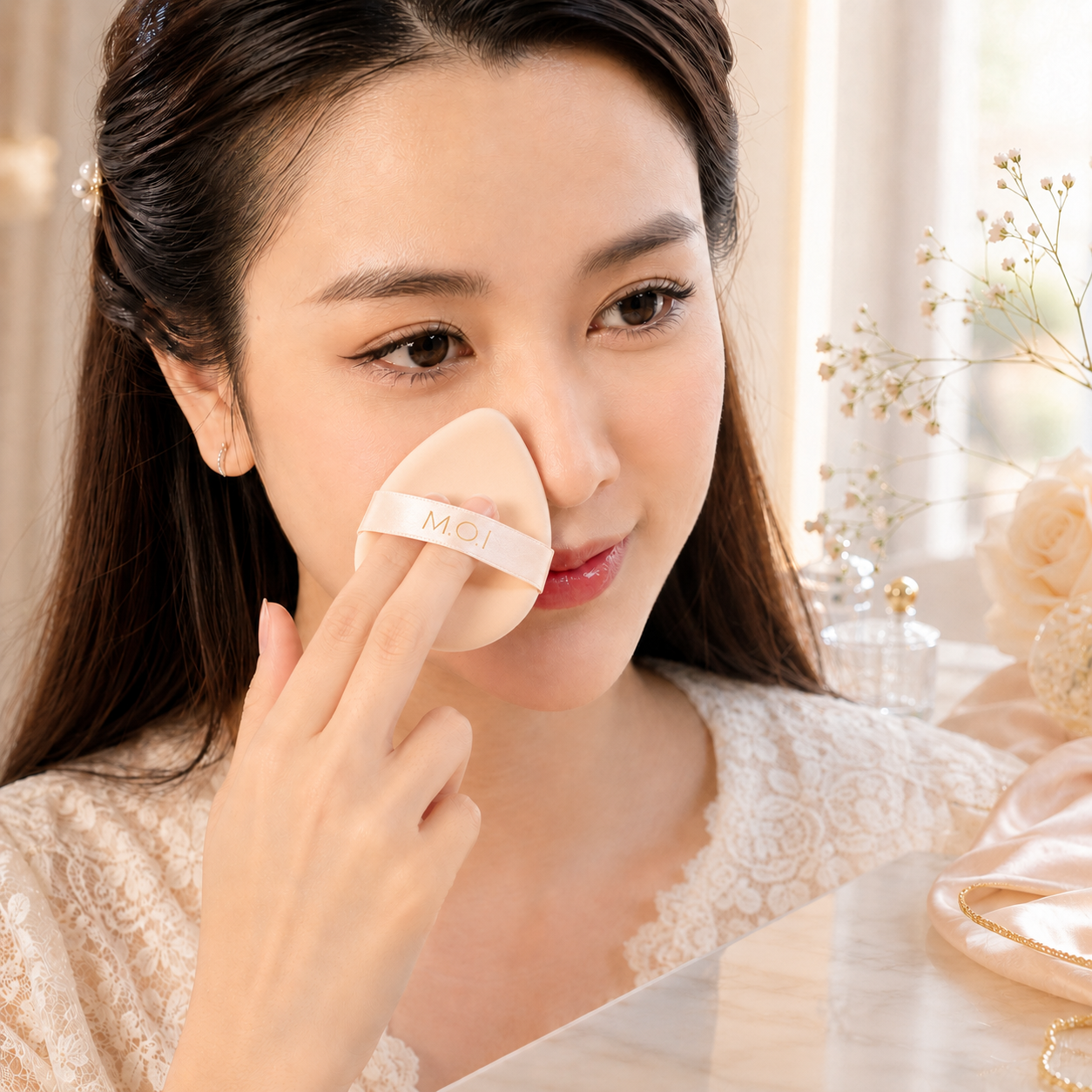 Thao tác dùng đầu nhọn của bông phấn Rubycell giọt nước dặm nhẹ từng nhịp ngắn quanh cánh mũi và khóe mắt giúp nền mỏng mịn và không đọng rãnh.