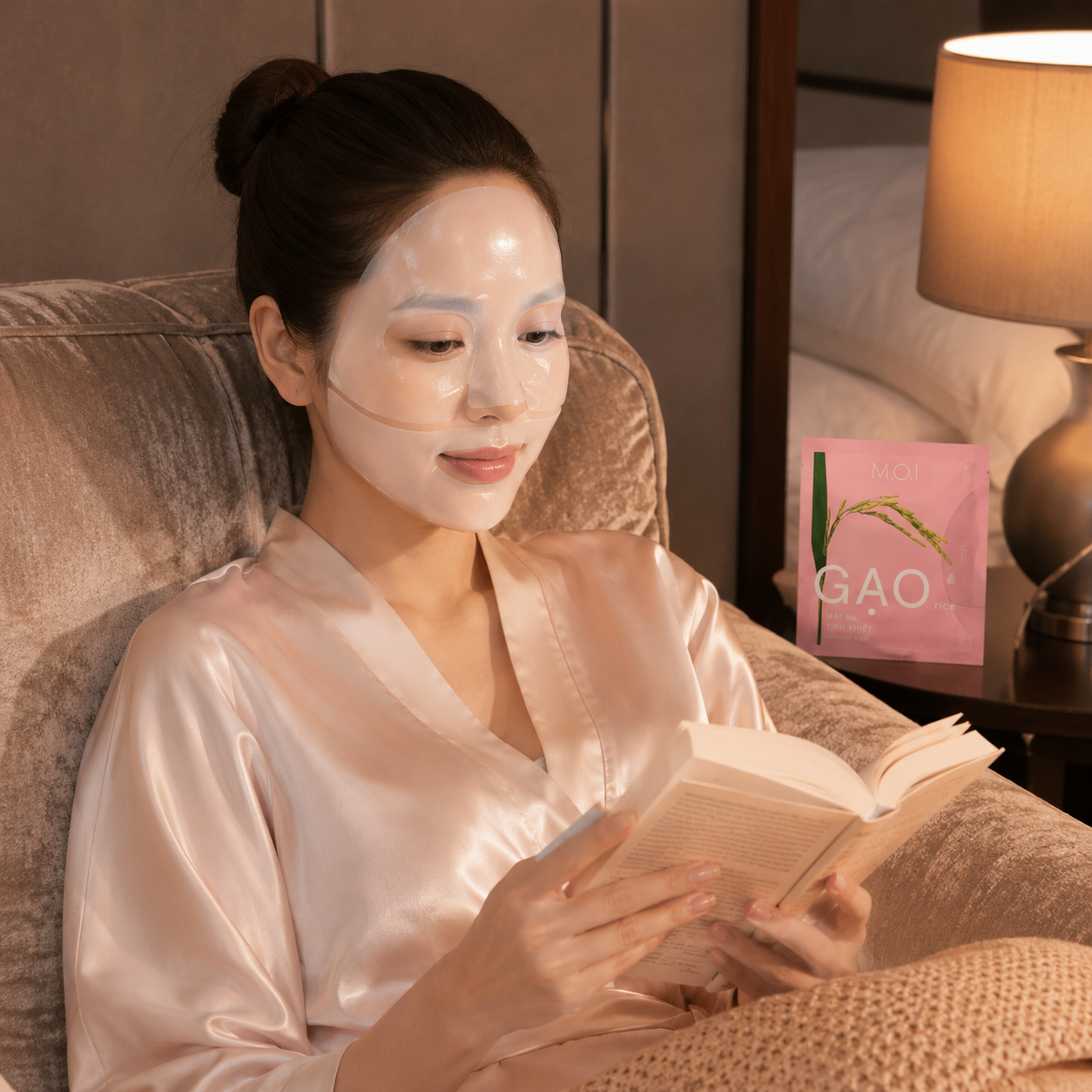 Thói quen chăm sóc da buổi tối thư giãn cùng Mặt Nạ Gạo Hydrogel M.O.I, giúp cấp ẩm chuyên sâu và phục hồi làn da sau một ngày dài bận rộn.