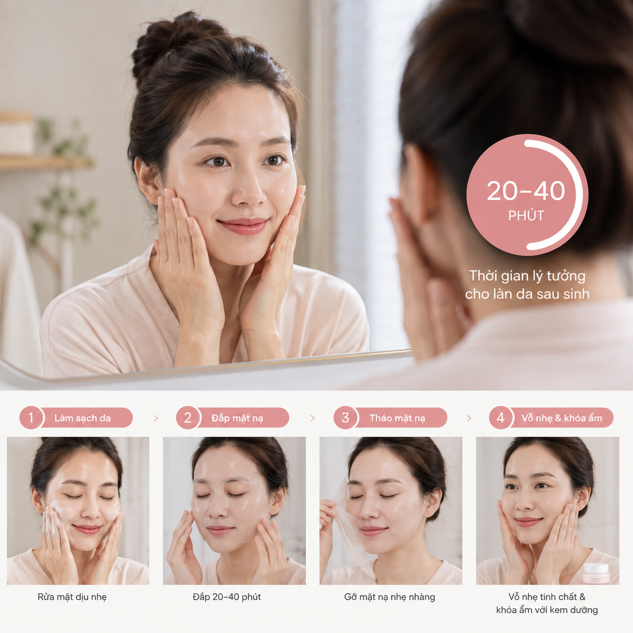 Thời gian đắp 20–40 phút là khoảng thời gian lý tưởng cho làn da sau sinh, vừa đủ để cấp ẩm sâu mà không làm tăng nguy cơ kích ứng.