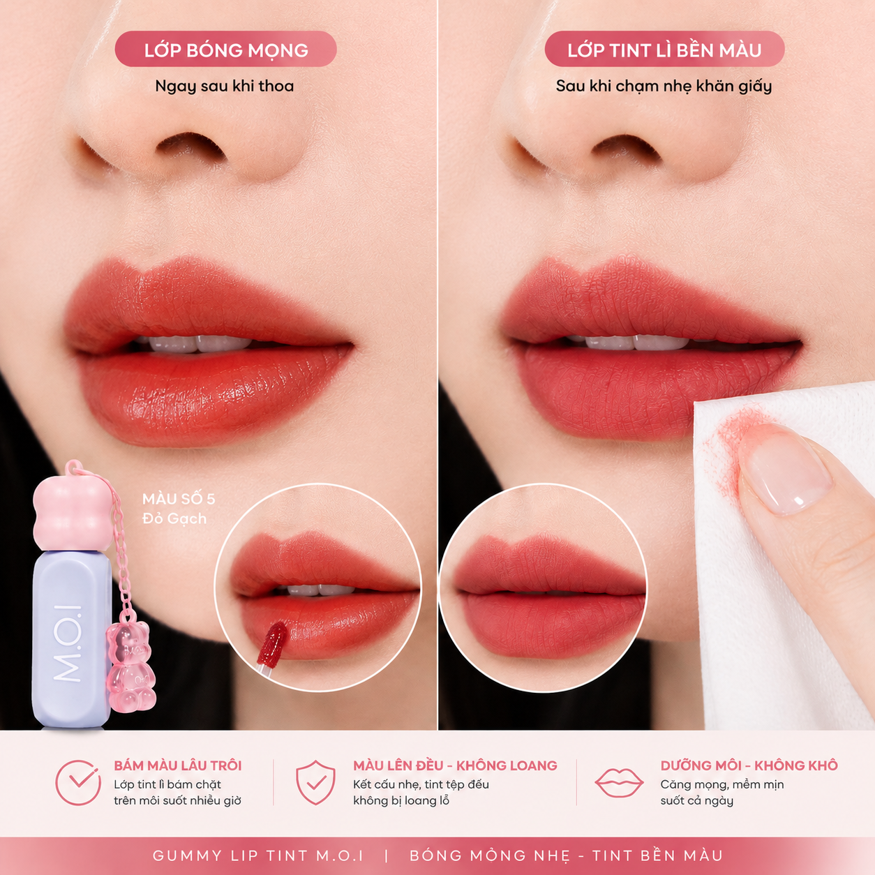 Khắc họa lớp tint lì bền màu bám chặt trên biểu bì môi sau khi chạm nhẹ khăn giấy lấy đi lớp bóng mọng ban đầu