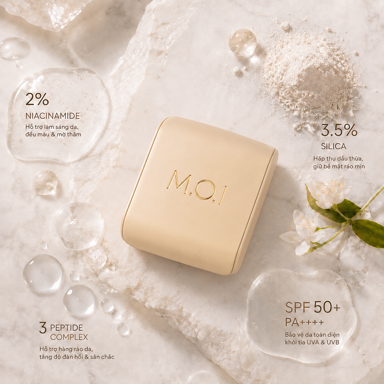 Công thức Baby Skin Cushion kết hợp 2% Niacinamide, 3.5% Silica hấp thụ dầu thừa cùng 3 loại peptide giúp hỗ trợ hàng rào da và giữ bề mặt ráo mịn.