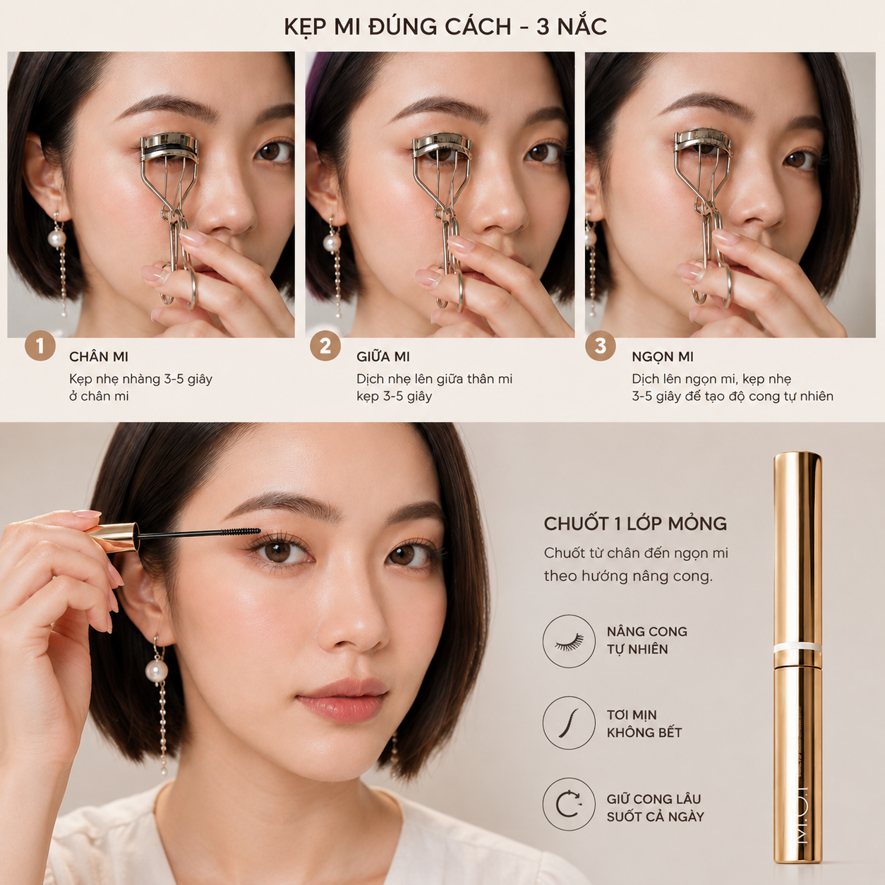 Kỹ thuật kẹp mi đúng cách kết hợp chuốt ziczac nhẹ nhàng, tạo độ nâng tự nhiên cho đôi mi thẳng và sụp.