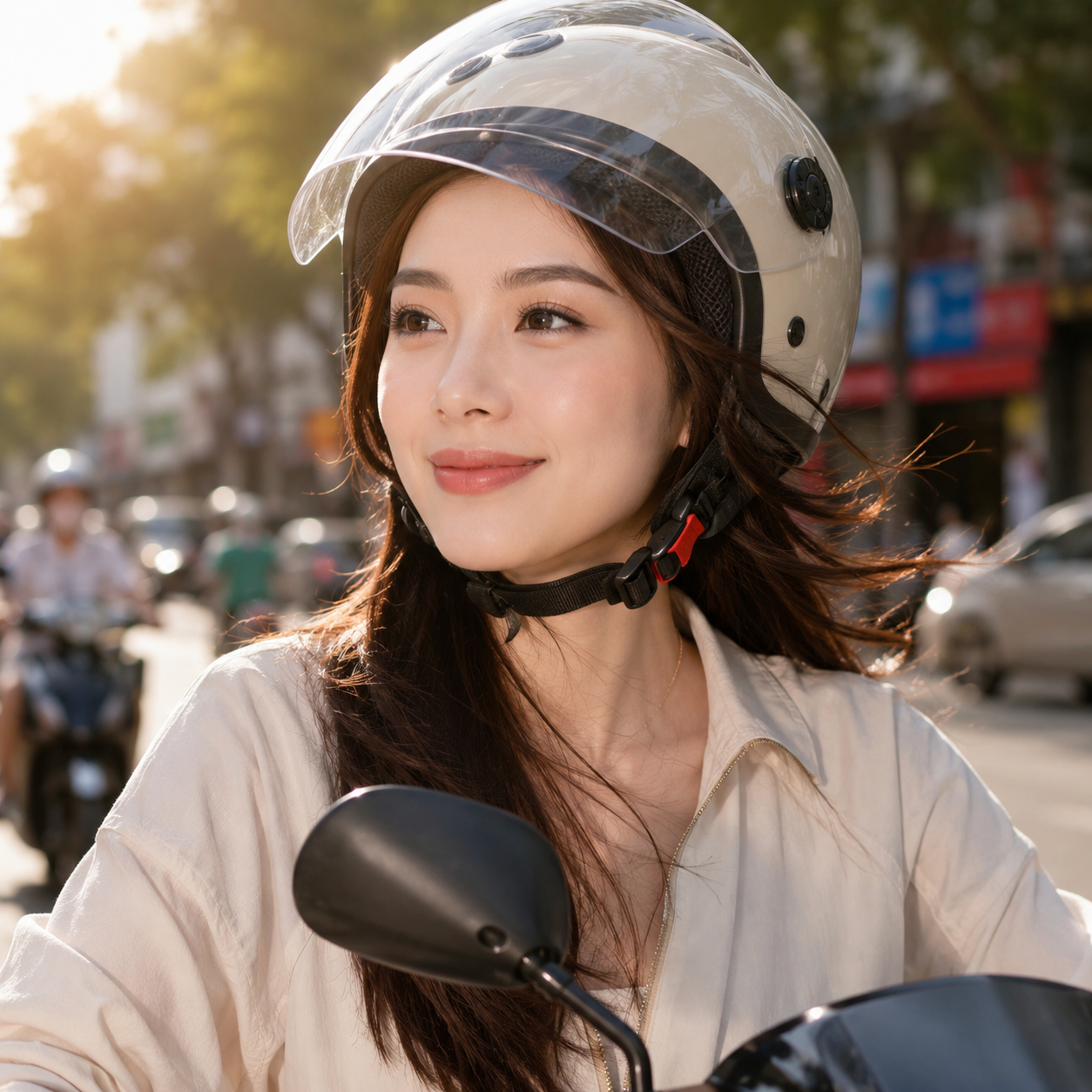 Hàng mi cong tơi ráo mịn, không bết dính vào nón bảo hiểm và giữ form tuyệt đối sau một chuyến đi xe máy dài dưới thời tiết nắng nóng.