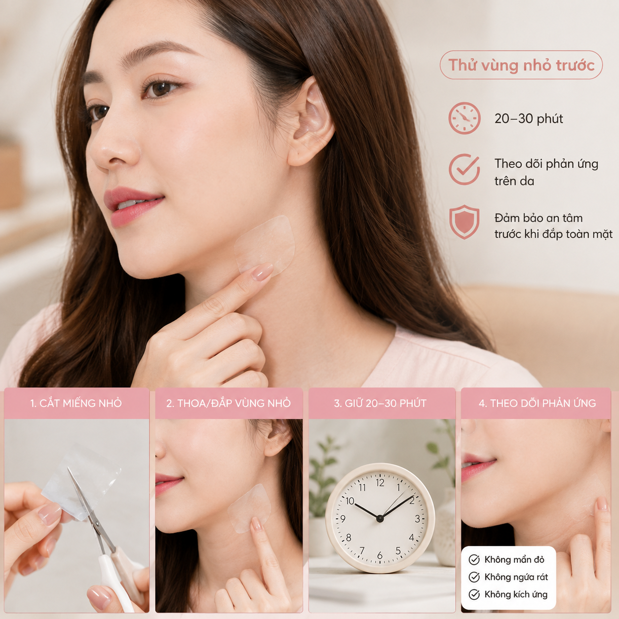 Thao tác thử trước một góc nhỏ mặt nạ hydrogel ở vùng quai hàm trong 20–30 phút giúp mẹ sau sinh kiểm tra độ êm dịu của sản phẩm trước khi đắp toàn mặt.