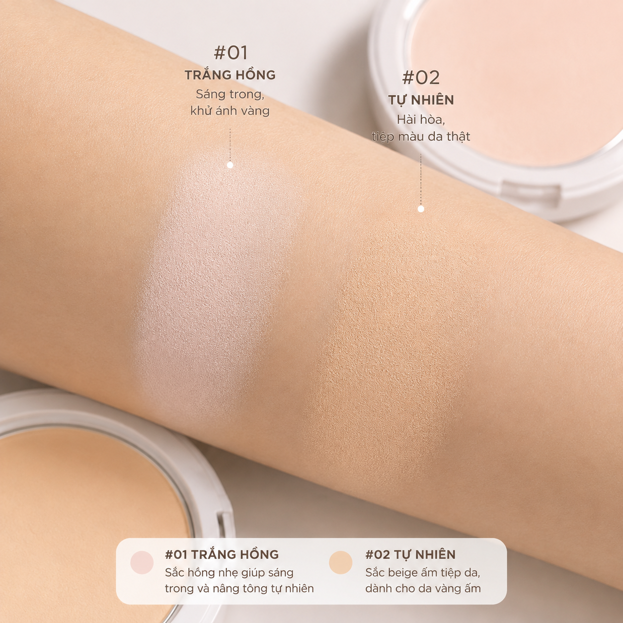 So sánh hai tone màu phấn phủ M.O.I 01 trắng hồng và 02 tự nhiên