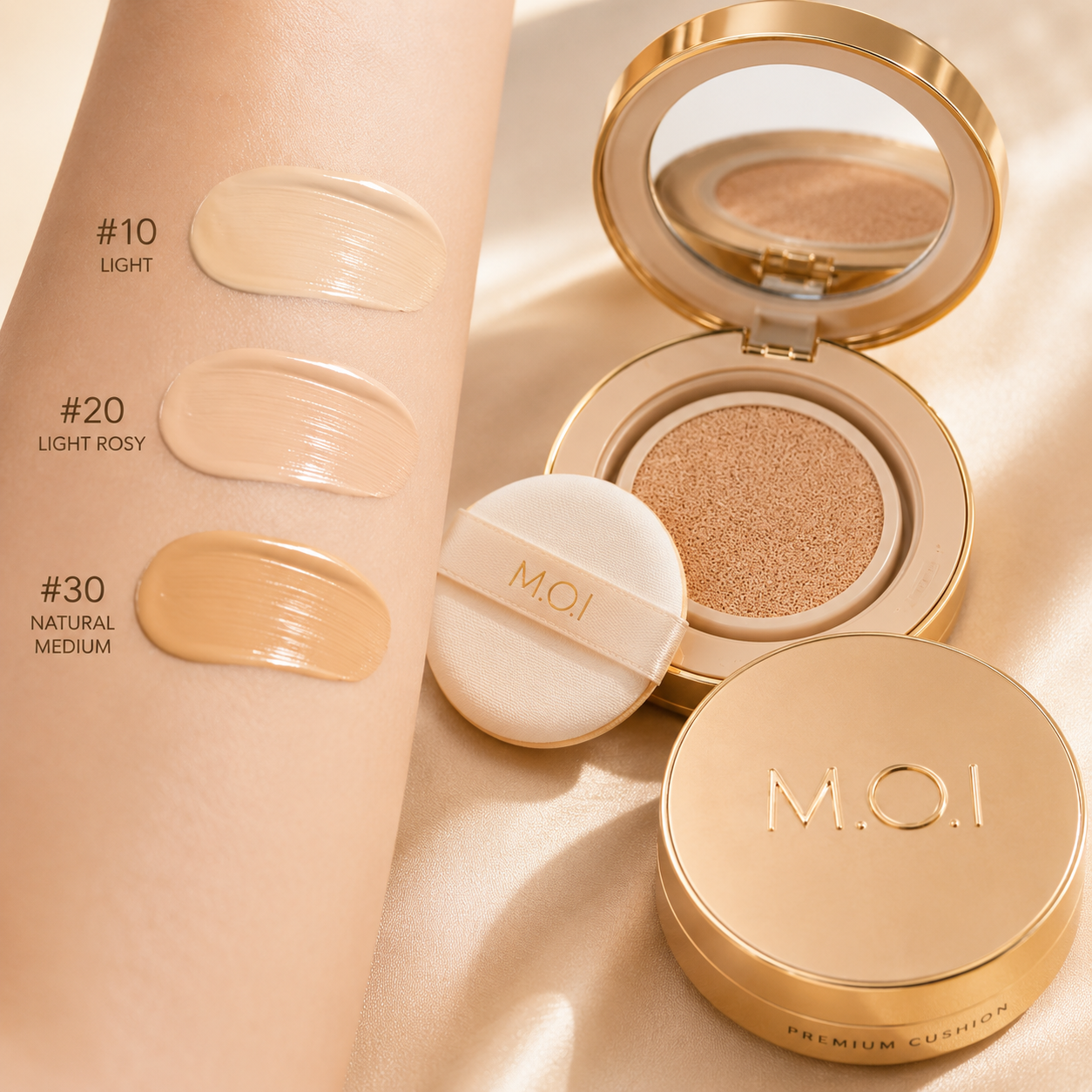 Bảng màu Swatch 3 tone da của phấn nước Premium Baby Skin Cushion M.O.I