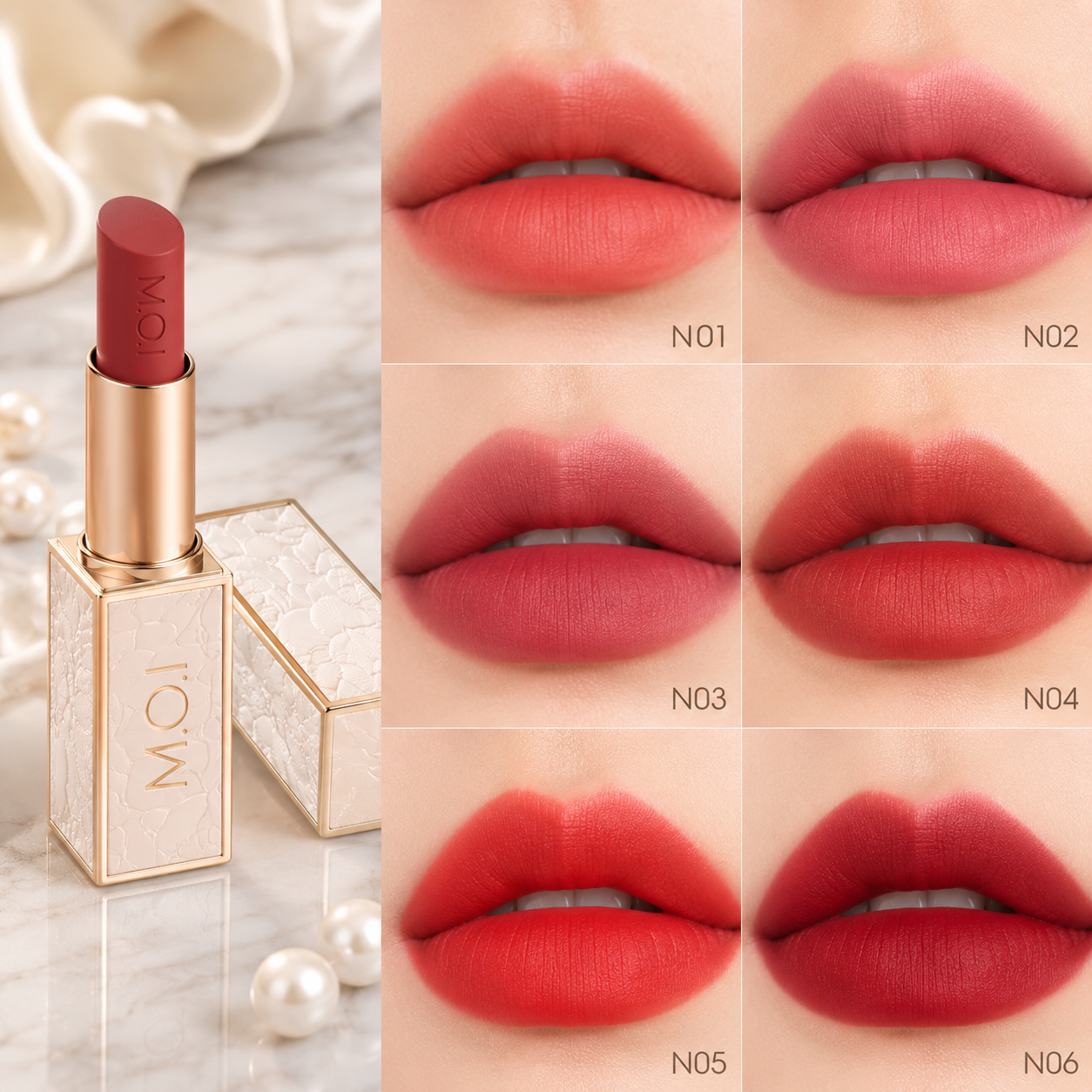 Bảng màu lip swatch thực tế trên môi từ No.01 đến No.06 của dòng son Love M.O.I Holiday