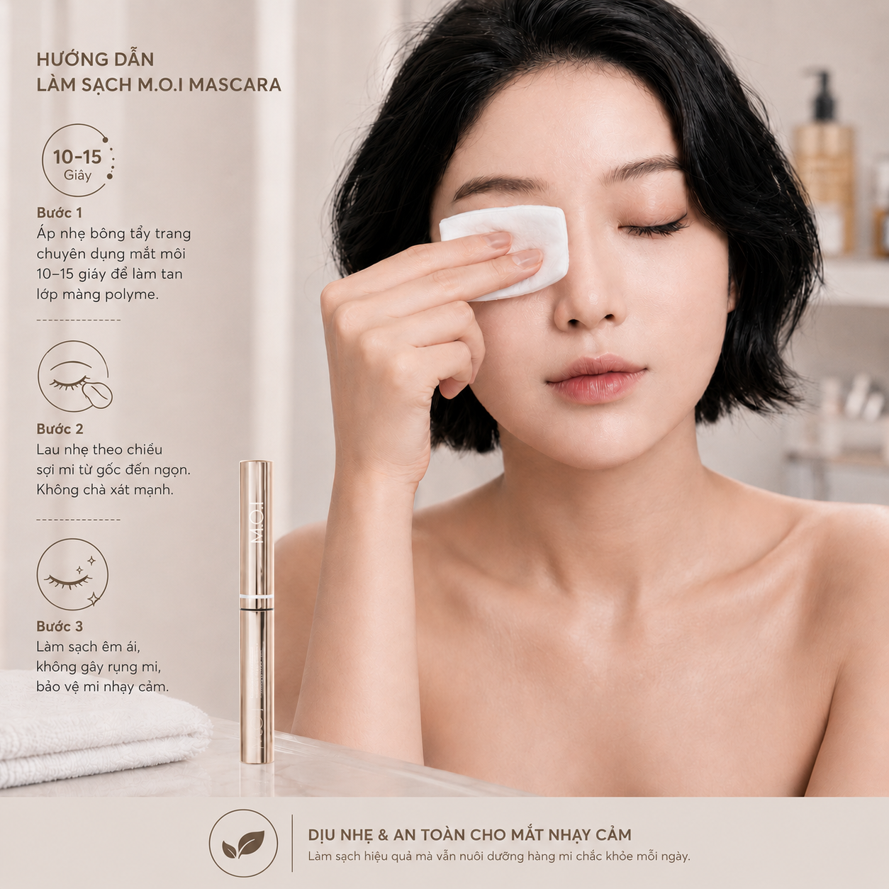 Tẩy trang dễ dàng và nhanh chóng bằng bông tẩy trang và nước tẩy trang Micellar Water, giúp mi sạch khỏe, không gãy rụng sau một ngày dài.
