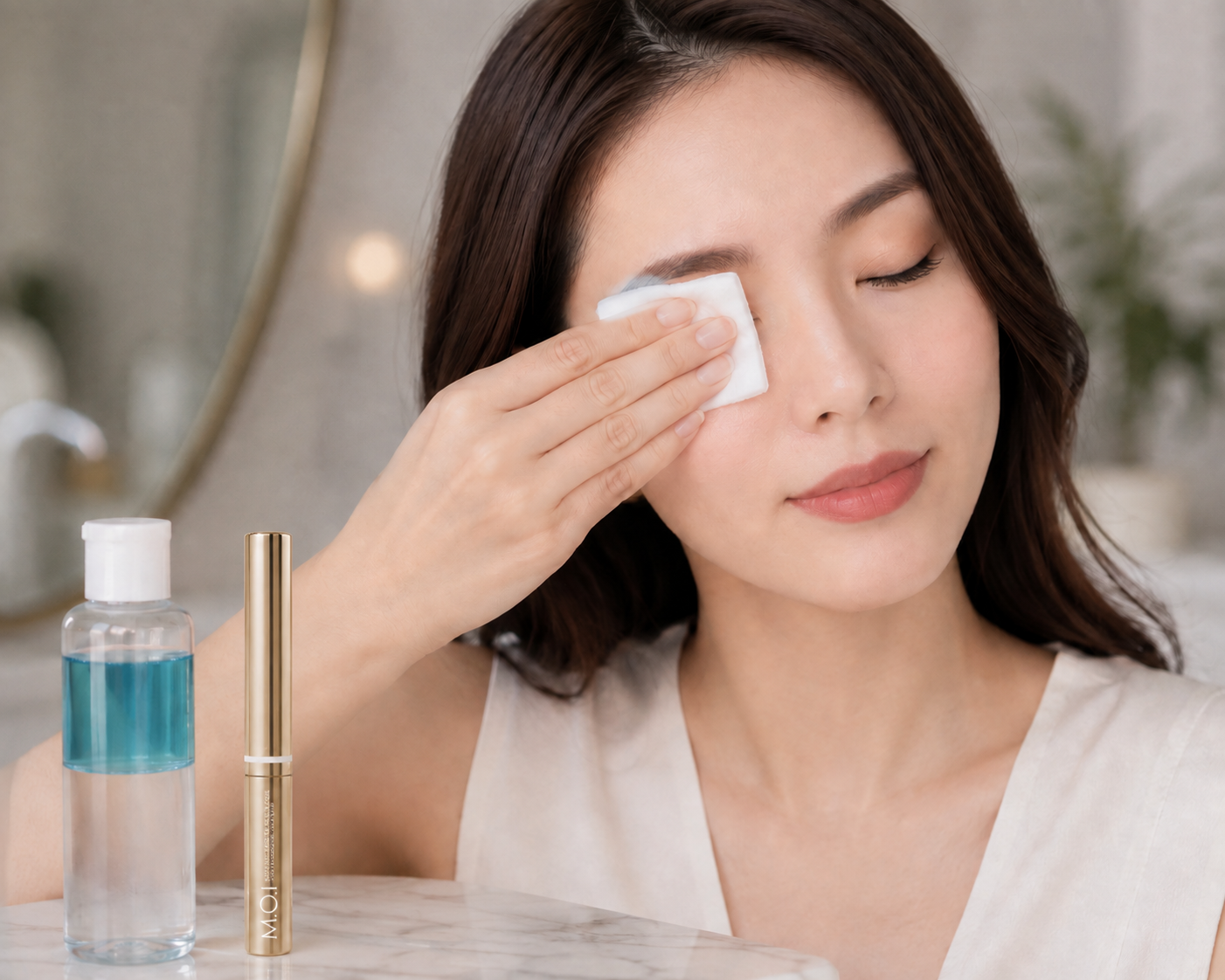 Quy trình tẩy trang nhẹ nhàng với nước tẩy trang chuyên dụng: mi sạch gel nhanh chóng mà không cần chà xát mạnh, bảo vệ hàng mi thật mỏng manh.