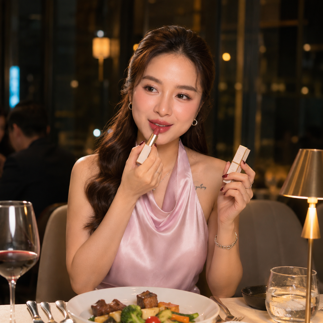 KOL Uyên trải nghiệm thực tế độ bền màu của son Gummy Lip Tint khi đi ăn uống