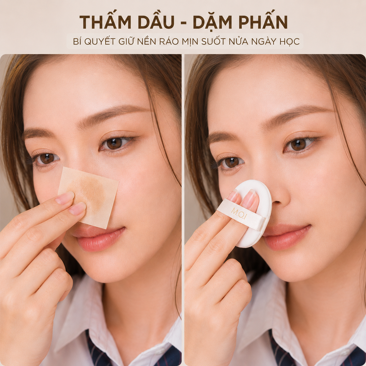 Thấm bớt bã nhờn bằng giấy thấm dầu trước khi dặm lại phấn phủ để tránh hiện tượng vón cục