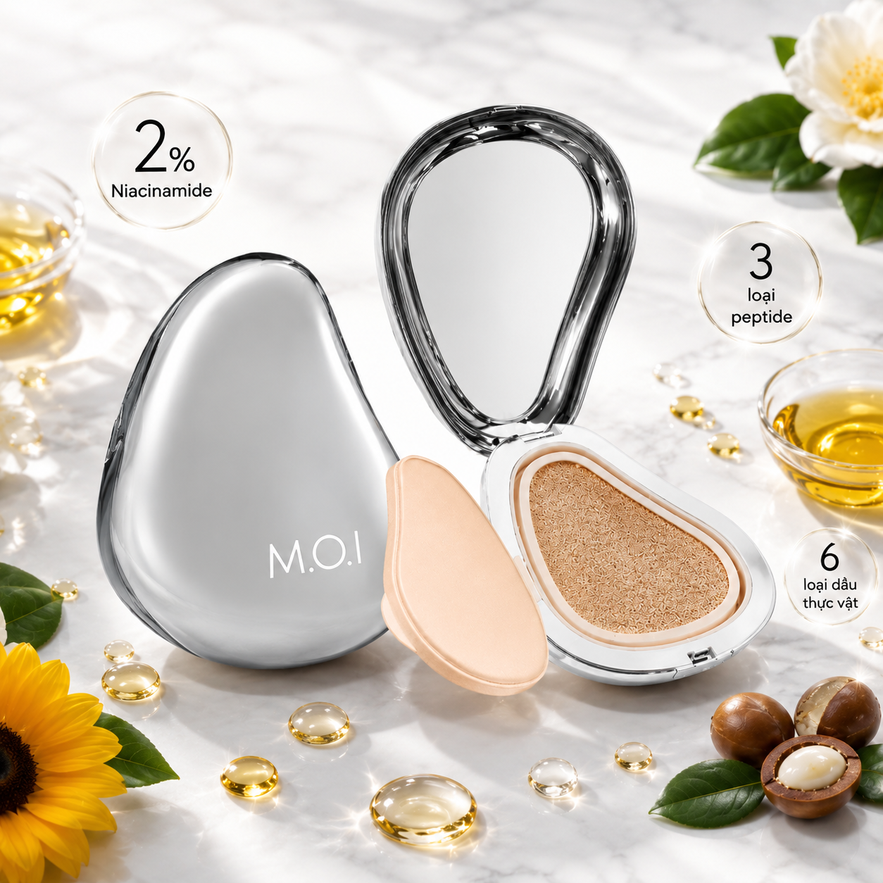 Bảng thành phần dưỡng chất đột phá của M.O.I Iconic Cushion: Niacinamide 2%, 3 loại peptide và 6 loại dầu thực vật