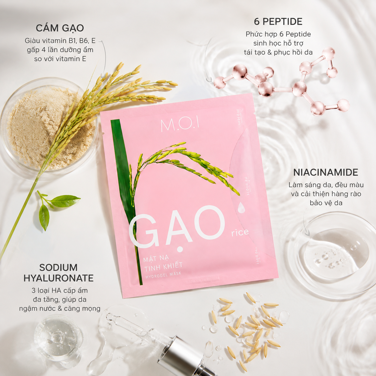 Bảng thành phần chuyên sâu với chiết xuất Cám gạo tự nhiên kết hợp phức hợp 6 Peptide sinh học, Niacinamide và Sodium Hyaluronate giúp cấp ẩm đa tầng và nuôi dưỡng làn da tươi sáng.