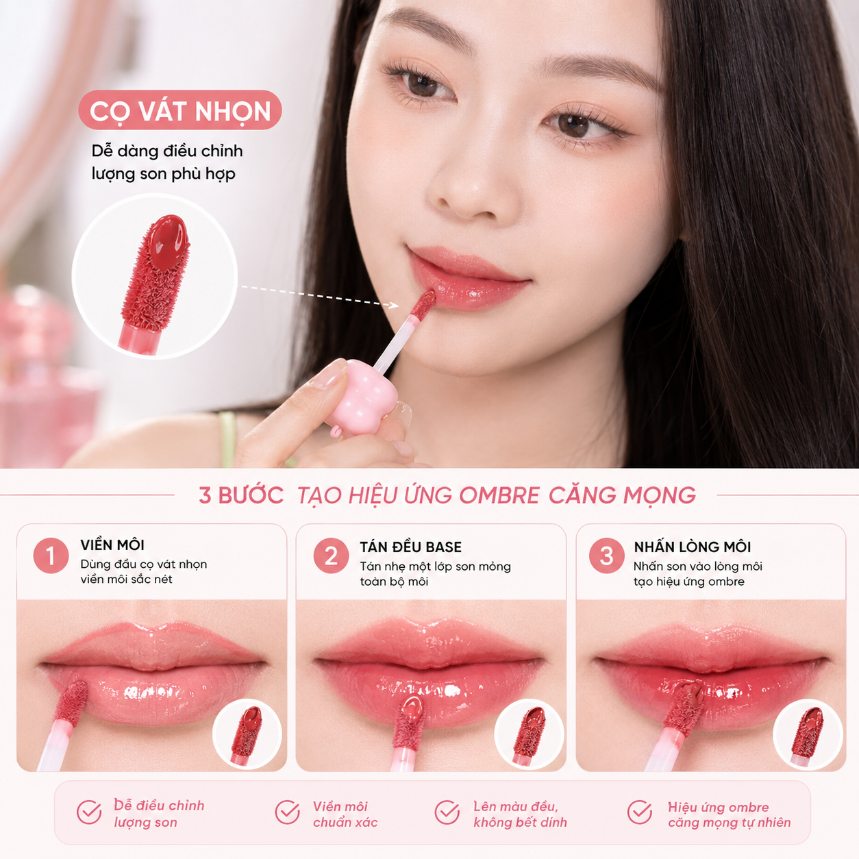Thao tác dùng đầu cọ vát nhọn mềm mại viền môi và tán nhẹ lòng môi tạo hiệu ứng chuyển màu ombre căng mọng tự nhiên