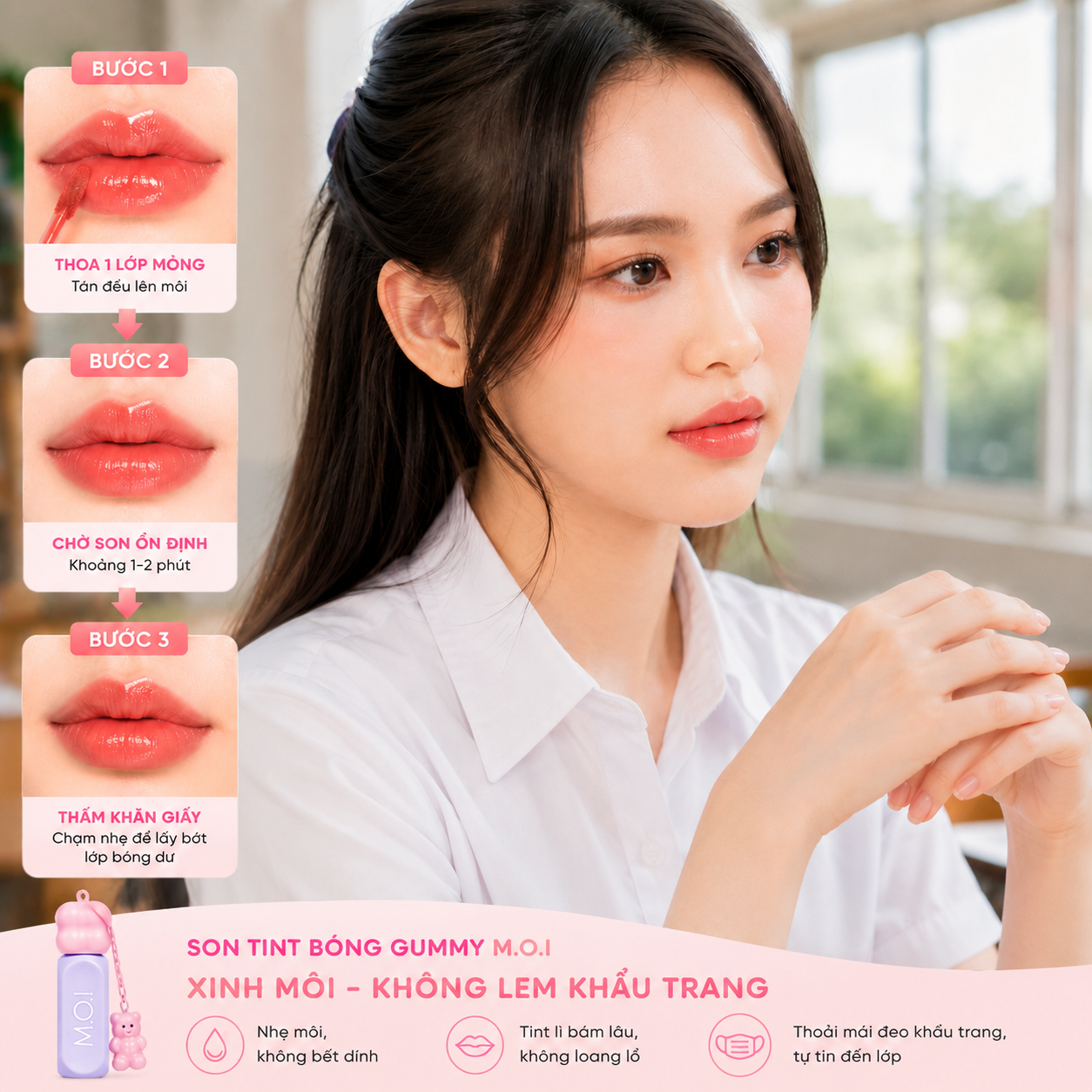 Hướng dẫn thao tác dùng khăn giấy chạm nhẹ lên môi để lấy bớt lớp bóng dư, giữ lại lớp tint màu lì mịn màng trước khi đeo khẩu trang