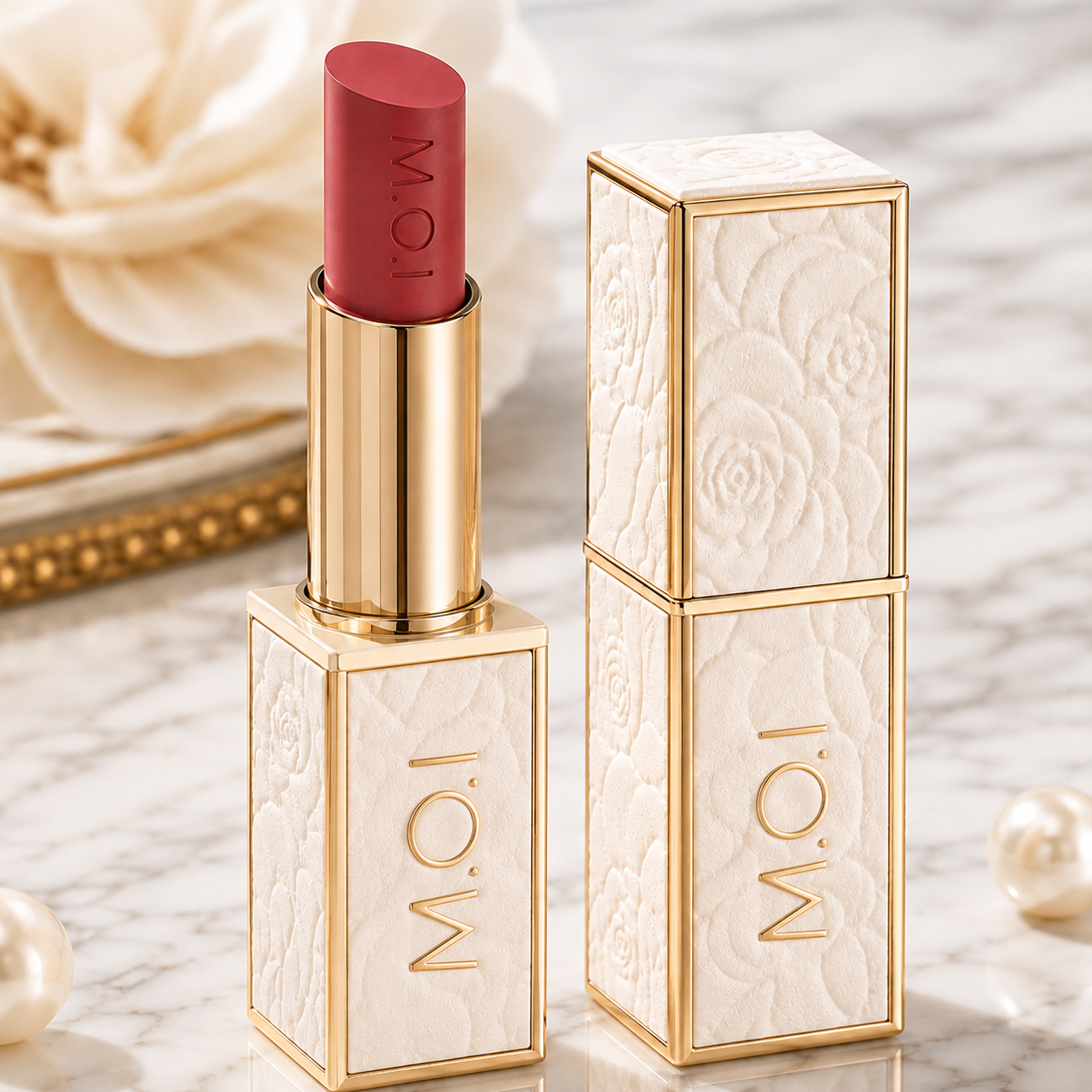 Cận cảnh thiết kế vỏ vuông với họa tiết hoa dập nổi 3D độc quyền của son Love M.O.I Holiday