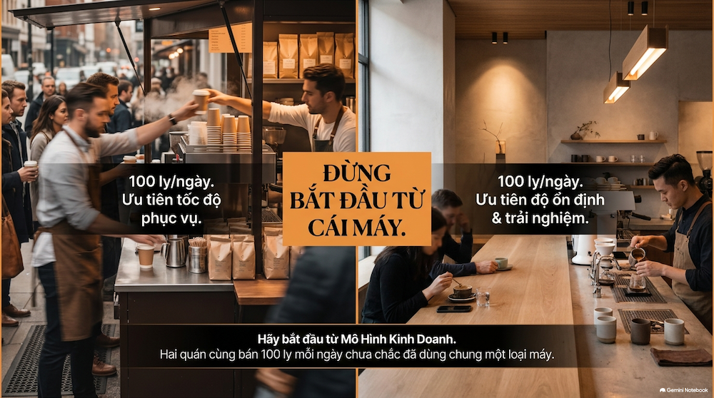 Hai quán cùng bán 100 ly mỗi ngày chưa chắc cần cùng một loại máy.