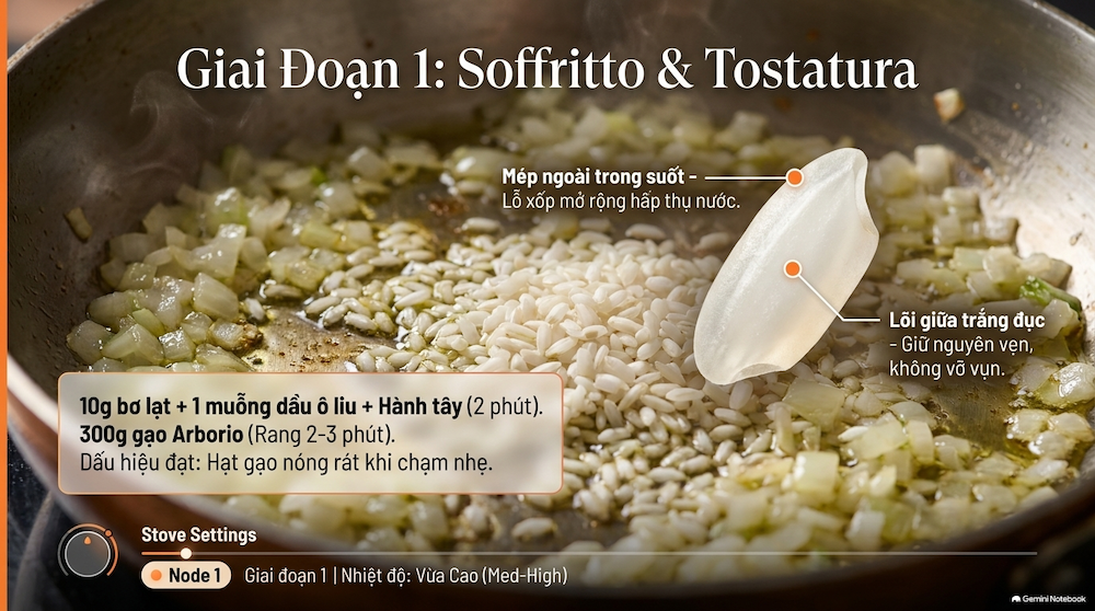 Giai đoạn 1 (Soffritto & Tostatura) – Phi thơm hành và rang hạt gạo