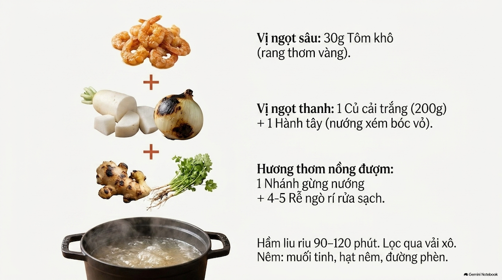 Tạo vị ngọt thanh tự nhiên từ tôm khô rang, củ cải và rễ ngò rí