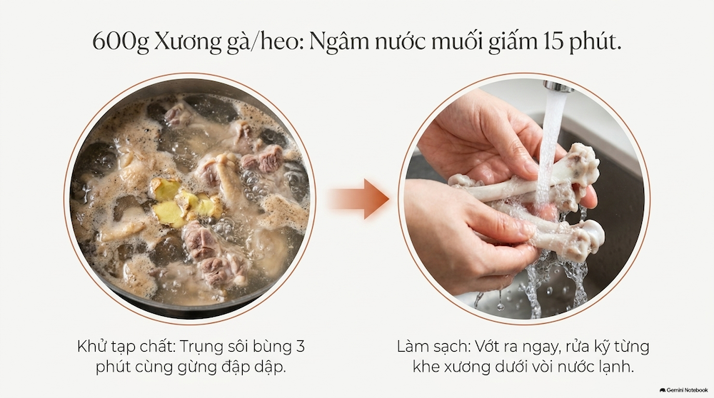 Quy trình xử lý xương và trụng sạch khử mùi hôi ban đầu