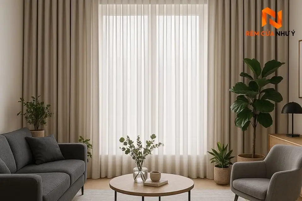 Mẫu rèm vải biệt thự NY02 sở hữu sắc màu tinh tế và độ rủ sóng mềm mại.