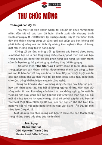 THƯ CHÚC MỪNG CÁC STARTUPS HOÀN THÀNH BOOTCAMP