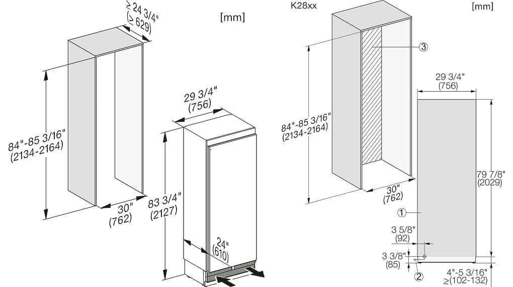 Kích thước lắp đặt Tủ lạnh âm tủ Miele 475 lít K 2802 Vi MasterCool
