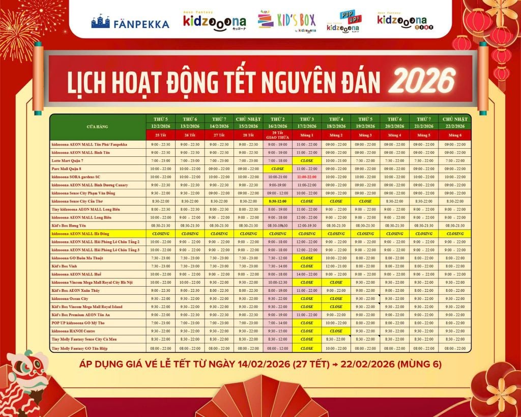 🎉 THÔNG BÁO LỊCH HOẠT ĐỘNG TẾT KIDZOOONA 🎉