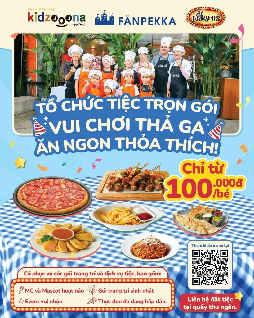 🎂 TIỆC SINH NHẬT TRỌN GÓI TẠI KIDZOOONA & FANPEKKA – VUI CHƠI THẢ GA, ĂN NGON THỎA THÍCH CÙNG AL FRESCO'S 🍕