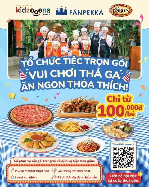 🎂 TIỆC SINH NHẬT TRỌN GÓI TẠI KIDZOOONA & FANPEKKA – VUI CHƠI THẢ GA, ĂN NGON THỎA THÍCH CÙNG AL FRESCO'S 🍕