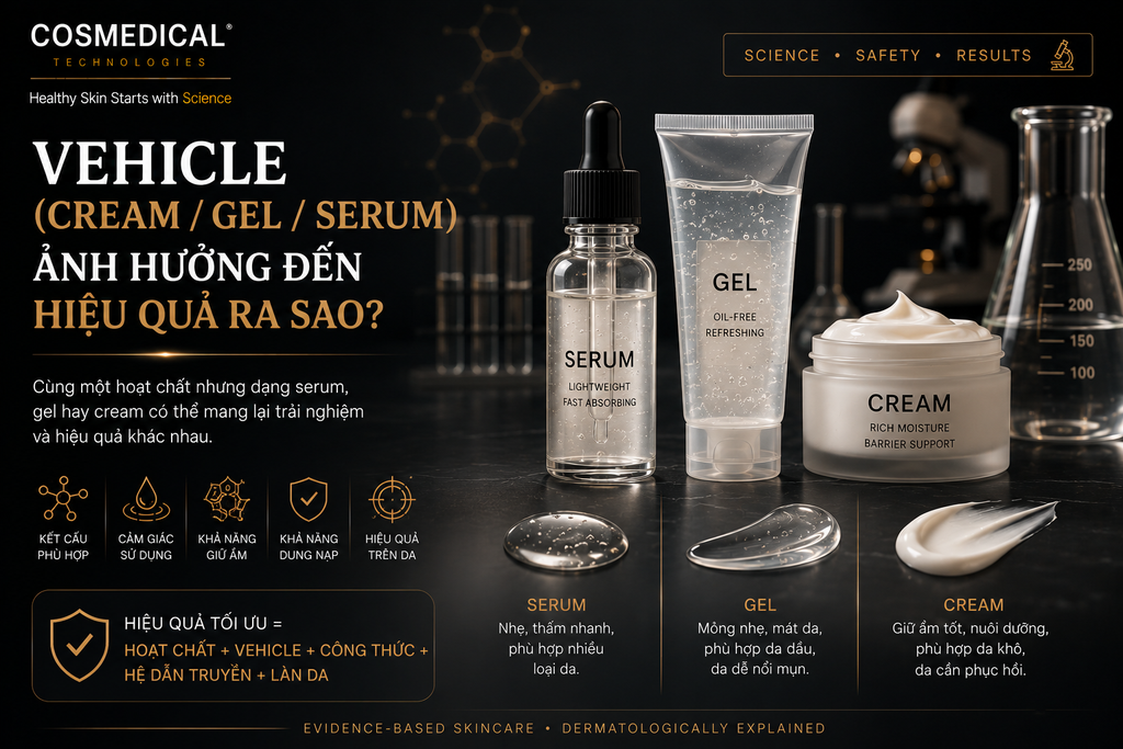 Vehicle (Cream, Gel, Serum) ảnh hưởng đến hiệu quả của sản phẩm như thế nào?