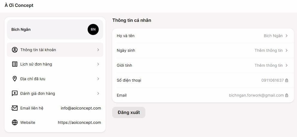 giao diện trang tài khoản à ơi concept