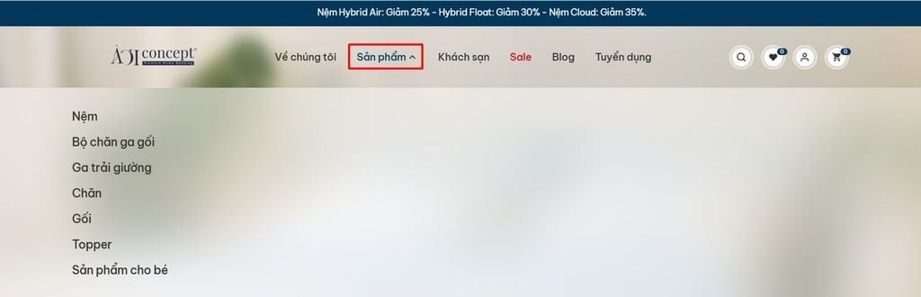 Sử dụng menu để tìm kiếm sản phẩm cần mua