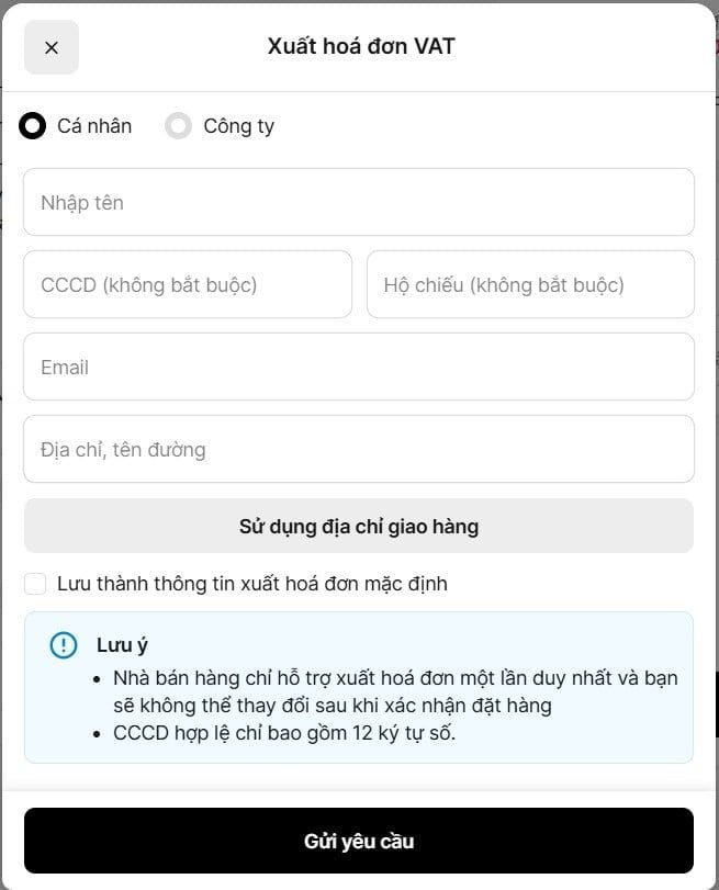 nhập thông tin xuất hóa đơn nếu cần
